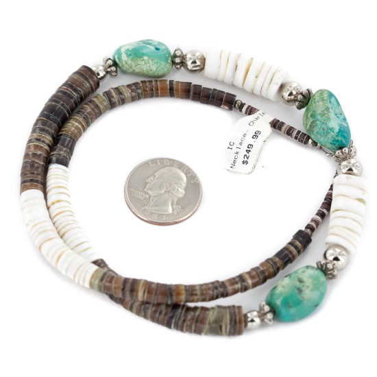 Certified Authentic Navajo .925 Sterling Silver Natural Turquoise Graduated Heishi and Spiny Oyster Native American Necklace 25228-2