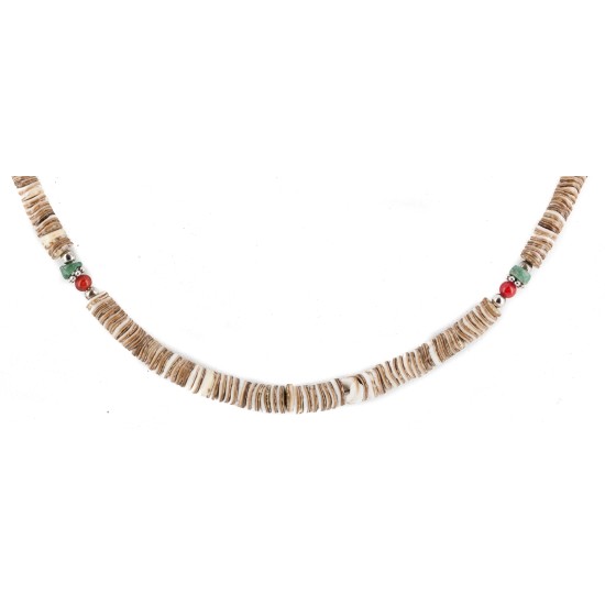 Certified Authentic Navajo .925 Sterling Silver Coral Natural Turquoise and Graduated Heishi Native American Necklace 25231-7
