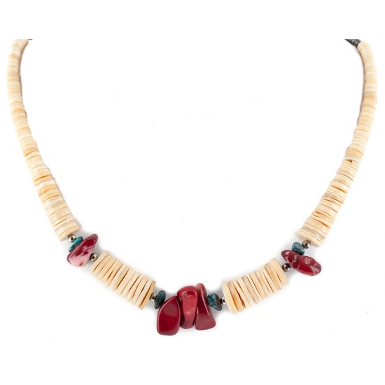 Certified Authentic .925 Sterling Silver Navajo Coral and Natural Turquoise Graduated Melon Shell Native American Necklace 15624-40