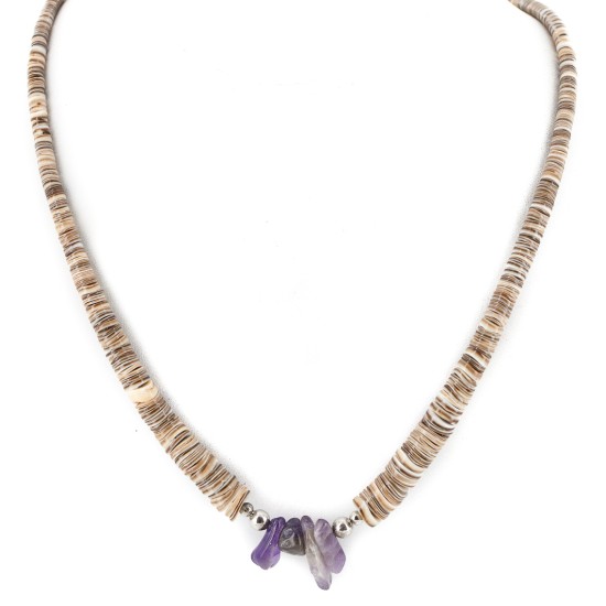 Certified Authentic .925 Sterling Silver Navajo Natural Amethyst and Graduated Heishi Native American Necklace 7501008-54