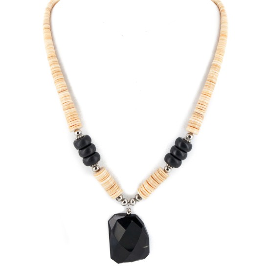 Certified Authentic .925 Sterling Silver Navajo Natural Graduated Melon Shell Black Onyx Native American Necklace 17085