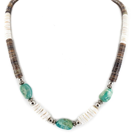 Certified Authentic Navajo .925 Sterling Silver Natural Turquoise Graduated Heishi and Spiny Oyster Native American Necklace 25228-2