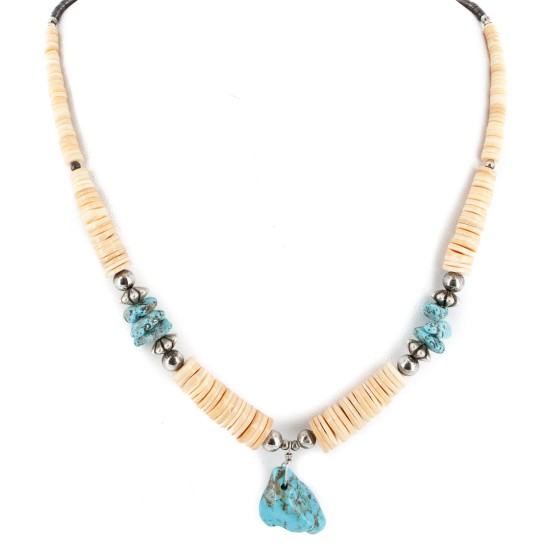 Certified Authentic Navajo .925 Sterling Silver Natural Turquoise Graduated Melon Shell Native American Necklace 15412-5