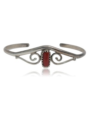Delicate Handmade Certified Authentic Navajo .925 Sterling Silver Coral Native American Cuff Bracelet 12947-9