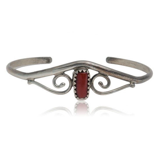 Delicate Handmade Certified Authentic Navajo .925 Sterling Silver Coral Native American Cuff Bracelet 12947-9