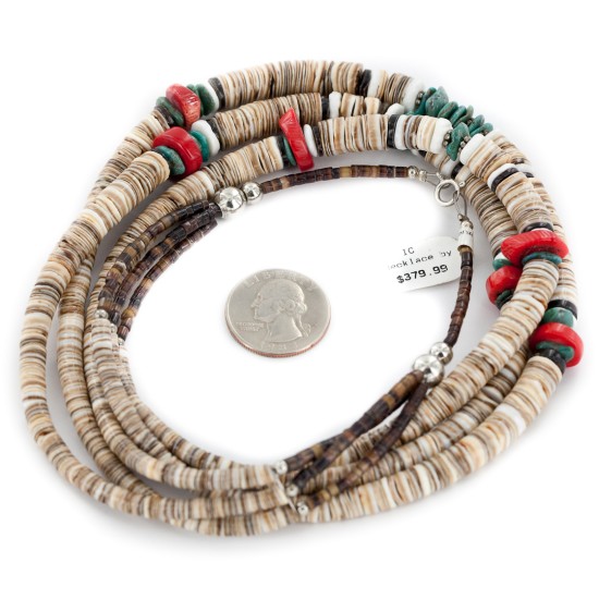 Certified Authentic 3 Strand Navajo .925 Sterling Silver Natural Turquoise Coral Graduated Heishi Native American Necklace 15931-1