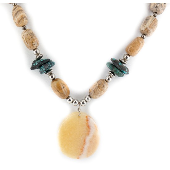 Certified Authentic Navajo .925 Sterling Silver Natural Spiderweb Turquoise Jasper Agate Native American Necklace 18108-78