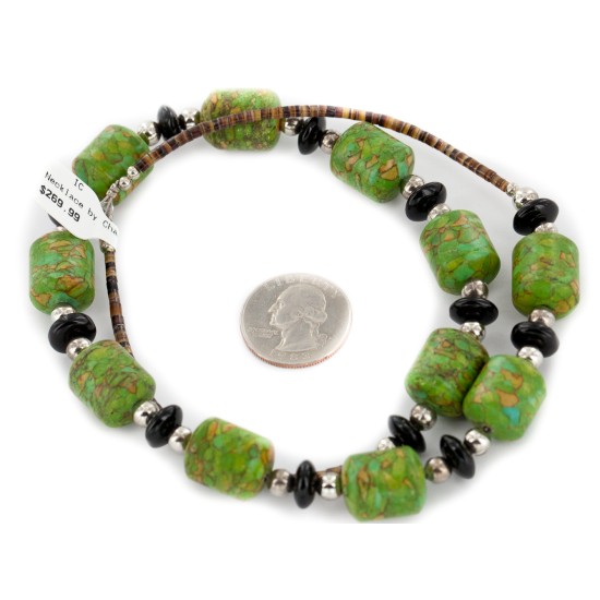 Certified Authentic Navajo .925 Sterling Silver Composite Gaspeite Black Onyx Native American Necklace 17047-2