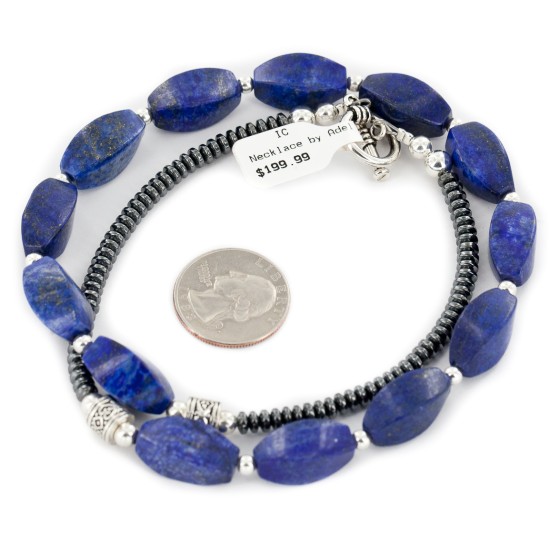 Certified Authentic Navajo Nickel Natural Lapis Lazuli Hematite Native American Necklace 25320-2