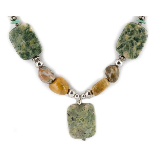 Certified Authentic Navajo .925 Sterling Silver Natural Turquoise Green Jasper Agate Native American Necklace 15422-67