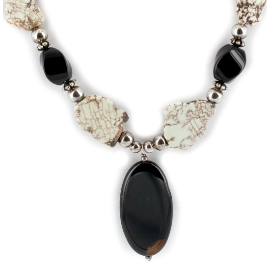 Certified Authentic Navajo .925 Sterling Silver White Howlite Black Onyx Native American Necklace 15778-39