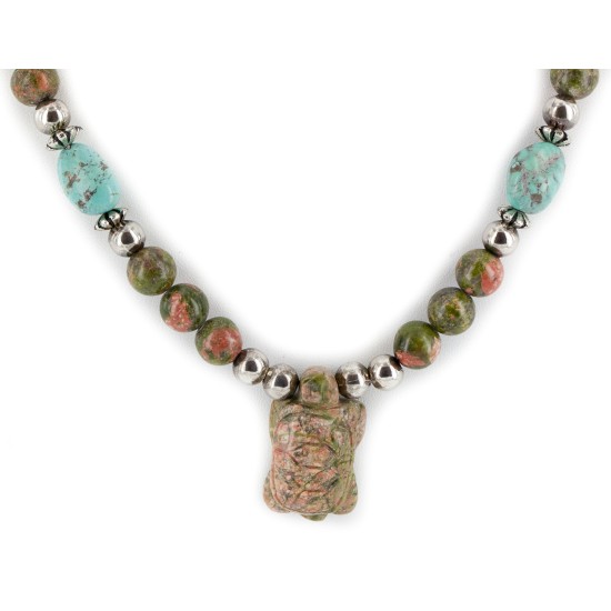 Certified Authentic Turtle Navajo .925 Sterling Silver Natural Turquoise Green Jasper Native American Necklace 12226-44