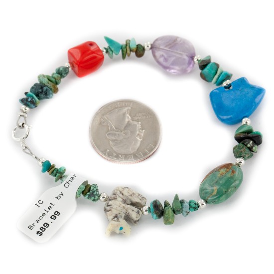 Certified Authentic Navajo .925 Sterling Silver Turquoise Amethyst Jasper Coral Native American Bracelet 12979-4