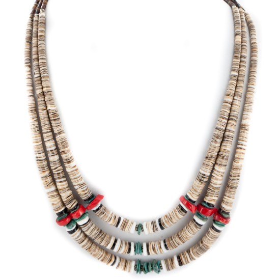 Certified Authentic 3 Strand Navajo .925 Sterling Silver Natural Turquoise Coral Graduated Heishi Native American Necklace 15931-1
