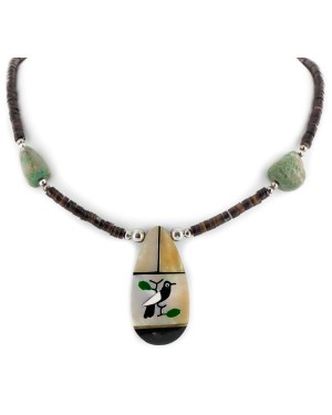 Certified Authentic Bird Inlay Navajo .925 Sterling Silver Natural Turquoise Mother of Pearl Heishi Native American Necklace 15213-281