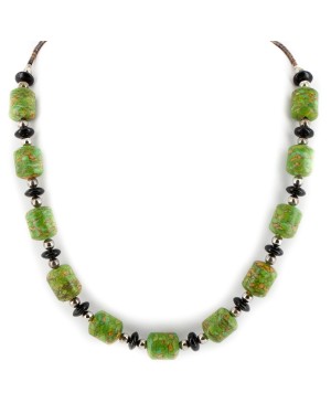 Certified Authentic Navajo .925 Sterling Silver Composite Gaspeite Black Onyx Native American Necklace 17047-2