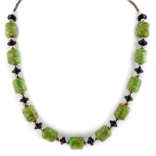 Certified Authentic Navajo .925 Sterling Silver Composite Gaspeite Black Onyx Native American Necklace 17047-2