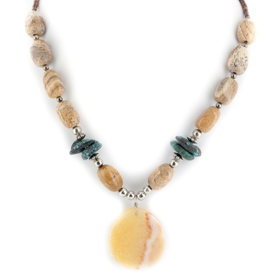 Certified Authentic Navajo .925 Sterling Silver Natural Spiderweb Turquoise Jasper Agate Native American Necklace 18108-78