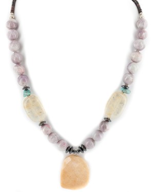 Certified Authentic Navajo .925 Sterling Silver Natural Turquoise Charoite Hematite Smoky Quartz Agate Native American Necklace 790105