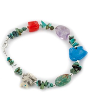 Certified Authentic Navajo .925 Sterling Silver Turquoise Amethyst Jasper Coral Native American Bracelet 12979-4