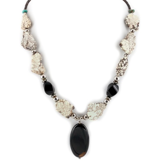 Certified Authentic Navajo .925 Sterling Silver White Howlite Black Onyx Native American Necklace 15778-39