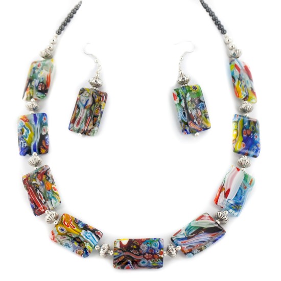 Certified Authentic Navajo .925 Sterling Silver Multicolor Glass Natural Hematite Set 17057
