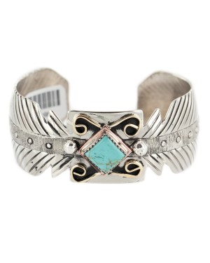 Nickel and Brass Navajo Handmade Certified Authentic Natural Turquoise Native American Bracelet 12995