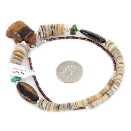 Turtle Certified Authentic Navajo .925 Sterling Silver Natural Turquoise Graduated Melon Shell Tigers Eye Native American Necklace 790108