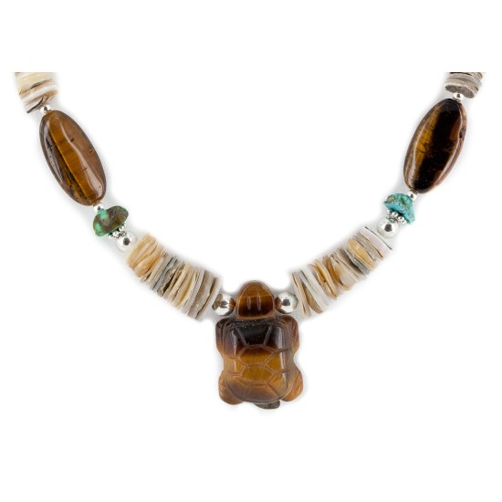 Turtle Certified Authentic Navajo .925 Sterling Silver Natural Turquoise Graduated Melon Shell Tigers Eye Native American Necklace 790108