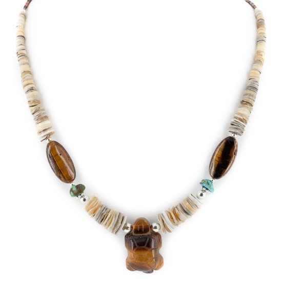 Turtle Certified Authentic Navajo .925 Sterling Silver Natural Turquoise Graduated Melon Shell Tigers Eye Native American Necklace 790108
