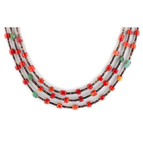 3 Strand Certified Authentic Navajo .925 Sterling Silver Natural Turquoise Coral Native American Necklace 18133-3