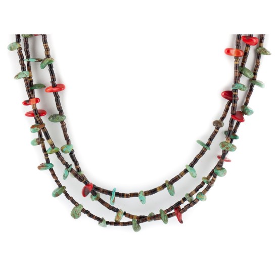 3 Strand Certified Authentic Navajo .925 Sterling Silver Natural Turquoise Coral Heishi Native American Necklace  18108-20