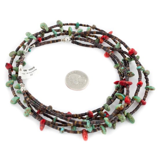 3 Strand Certified Authentic Navajo .925 Sterling Silver Natural Turquoise Coral Heishi Native American Necklace  18108-20