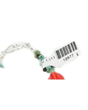 Certified Authentic Navajo .925 Sterling Silver Natural Turquoise Coral Native American Bracelet 12977-1