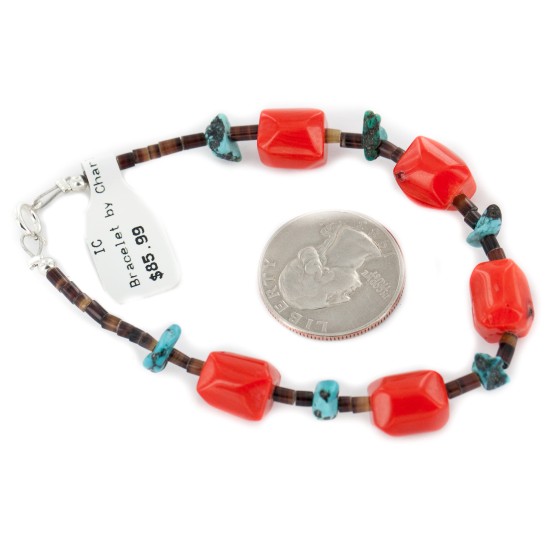 Certified Authentic Navajo .925 Sterling Silver Natural Turquoise Coral Native American Bracelet 12977-2