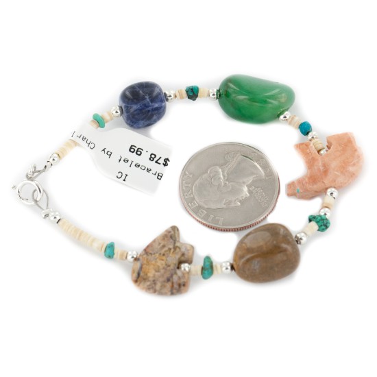 Delicate Certified Authentic Navajo .925 Sterling Silver Natural Turquoise Jasper Jade Lapis Native American Bracelet 12975-3