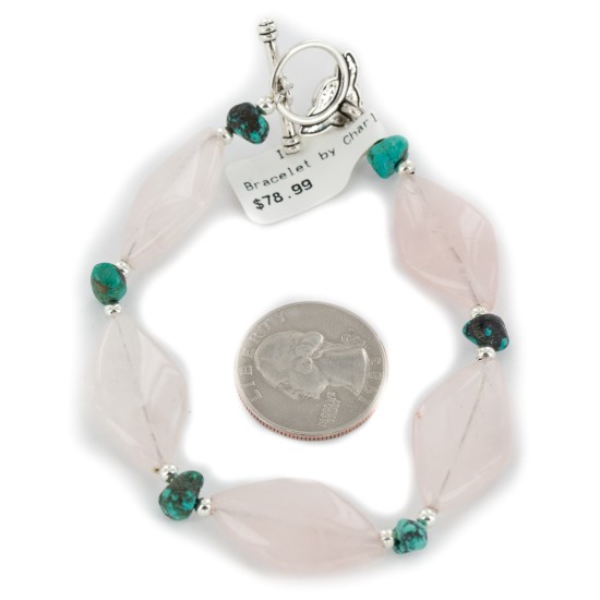 Delicate Certified Authentic Navajo Nickel Natural Spiderweb Turquoise Native American Pink Quartz Bracelet 12975-7