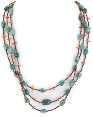 3 Strand Certified Authentic Navajo .925 Sterling Silver Natural Turquoise Coral Heishi Native American Necklace 15297-18