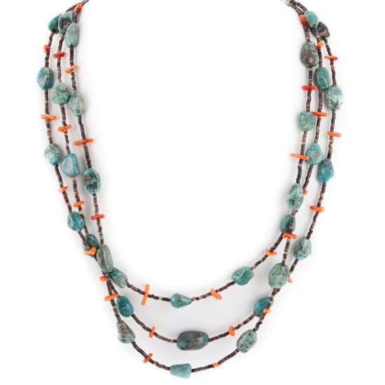 3 Strand Certified Authentic Navajo .925 Sterling Silver Natural Turquoise Coral Heishi Native American Necklace 15297-18