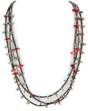 3 Strand Certified Authentic Navajo .925 Sterling Silver Natural Turquoise Coral Heishi Native American Necklace  18108-20