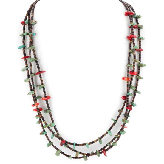 3 Strand Certified Authentic Navajo .925 Sterling Silver Natural Turquoise Coral Heishi Native American Necklace  18108-20