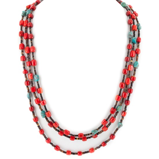 3 Strand Certified Authentic Navajo .925 Sterling Silver Natural Turquoise Coral Native American Necklace 18133-2