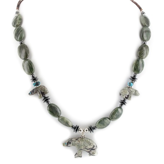 Bear Certified Authentic Navajo .925 Sterling Silver Natural Turquoise Green Jasper Hematite Agate Native American Necklace 17045