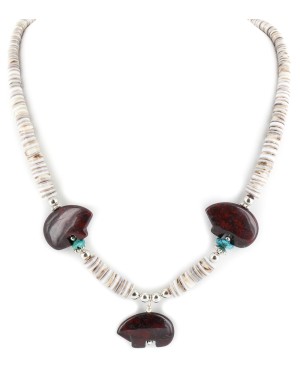 Bear Certified Authentic Navajo .925 Sterling Silver Natural Turquoise Red Jasper Graduated Heishi Native American Necklace 25319