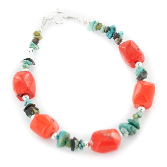 Certified Authentic Navajo .925 Sterling Silver Natural Turquoise Coral Native American Bracelet 12977-1