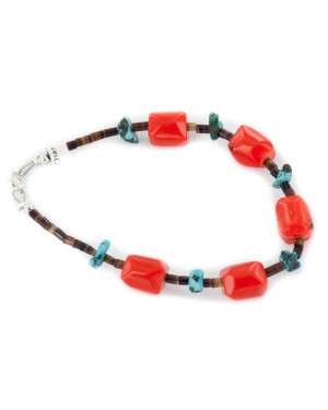 Certified Authentic Navajo .925 Sterling Silver Natural Turquoise Coral Native American Bracelet 12977-2
