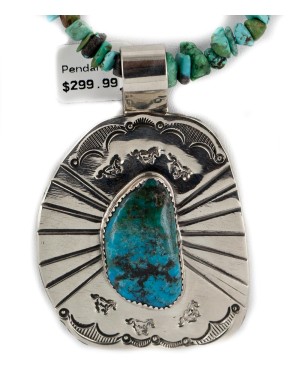 Certified Authentic Nickel .925 Sterling Silver Handmade Navajo Natural Turquoise Native American Necklace 12965-15814