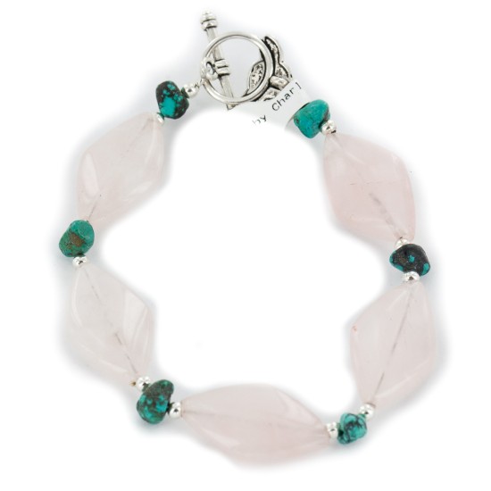 Delicate Certified Authentic Navajo Nickel Natural Spiderweb Turquoise Native American Pink Quartz Bracelet 12975-7