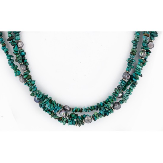 Certified Authentic 3 Strand Navajo .925 Sterling Silver Natural Turquoise and Mother of Pearl Native American Necklace 25267