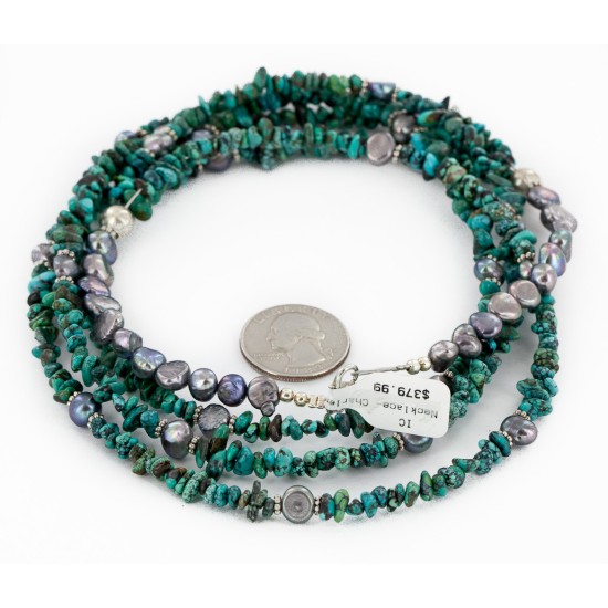 Certified Authentic 3 Strand Navajo .925 Sterling Silver Natural Turquoise and Mother of Pearl Native American Necklace 25267